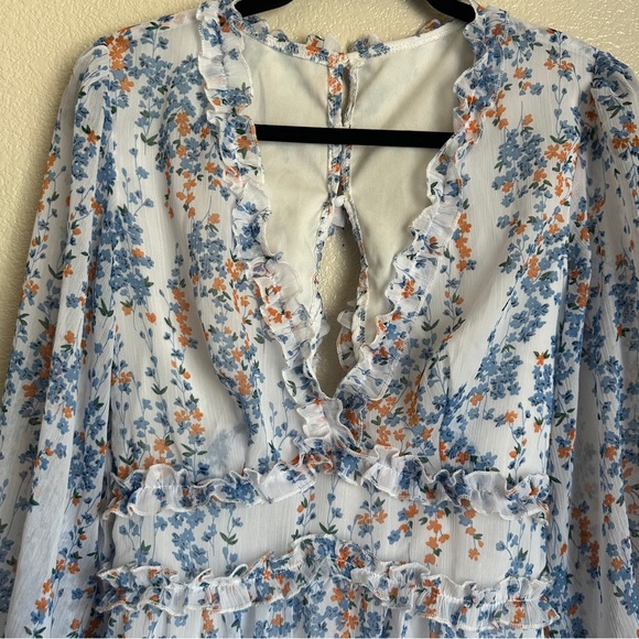 Spring Summer‎ Deep V-Neck Ruffle Long Sleeve Floral Print Mini Dress Sz S - Picture 3 of 13